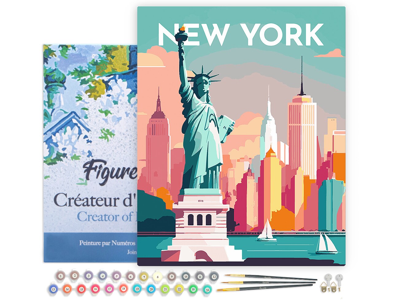 Figured'Art Paint by Numbers for Adults with Frame Travel Poster New York 16"x20" - Craft Art Painting DIY Kit Canvas Already Stretched on a Wooden Frame